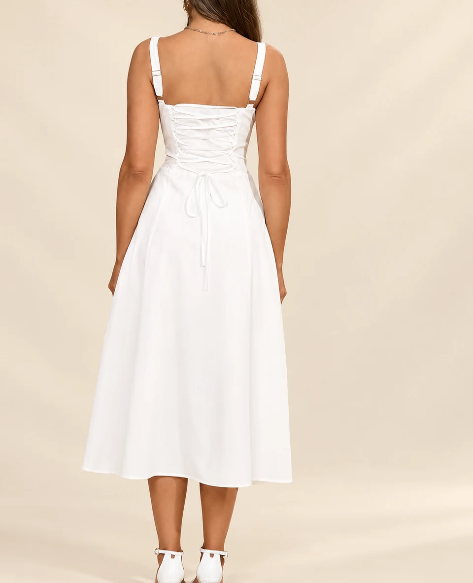 Lucille Gathered Midi Dress — White — back