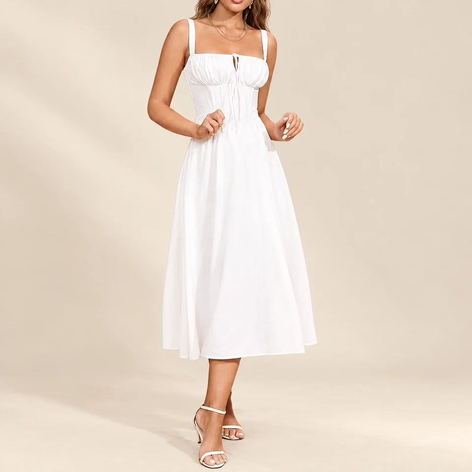 Lucille Gathered Midi Dress — White — front alternate