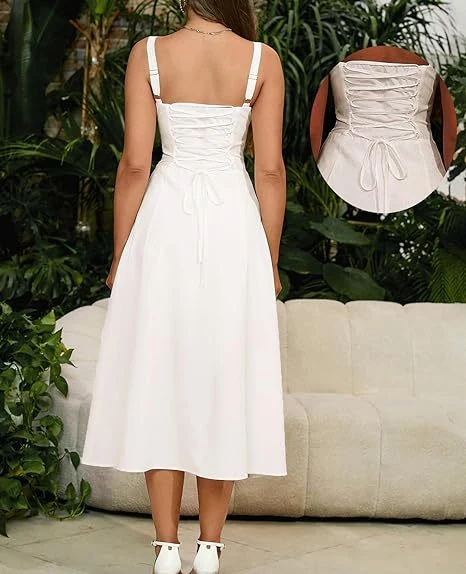 Lucille Gathered Midi Dress — White — rear lacing