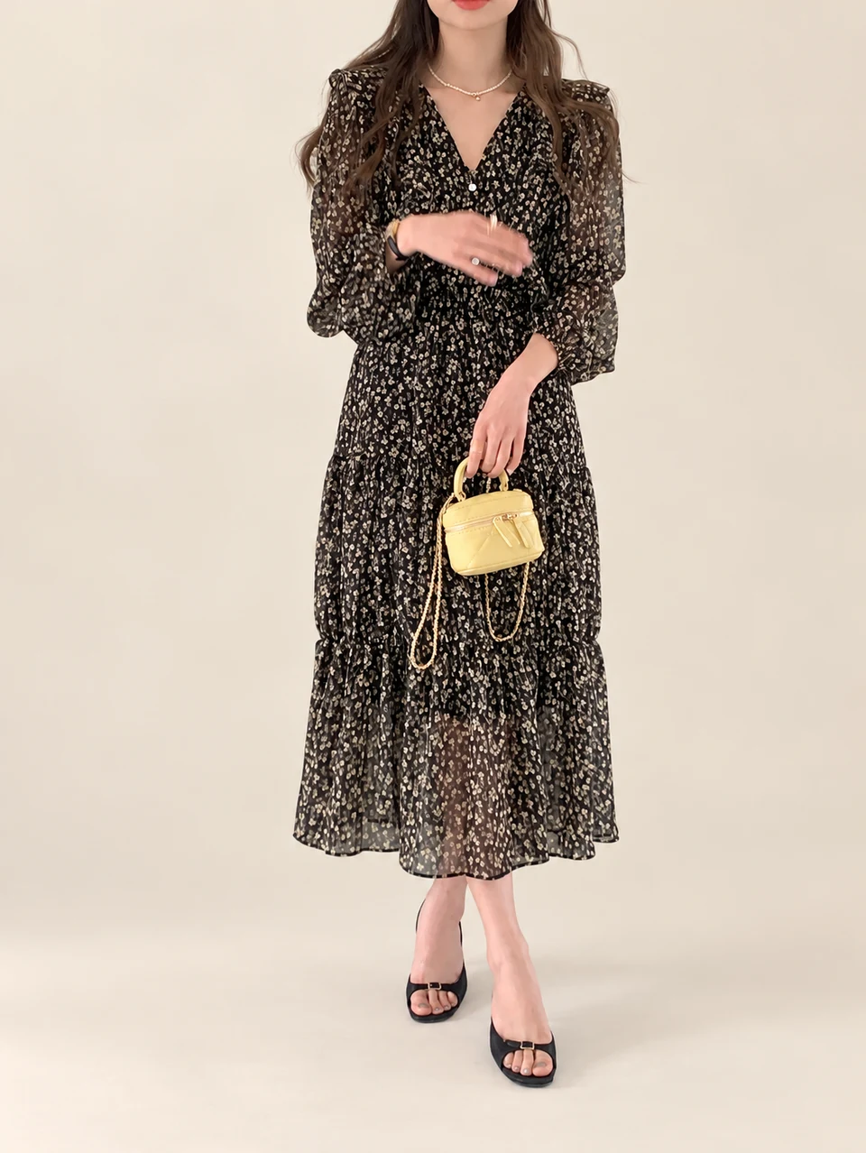 Amelie Tiered Midi Dress — Black — product photograph