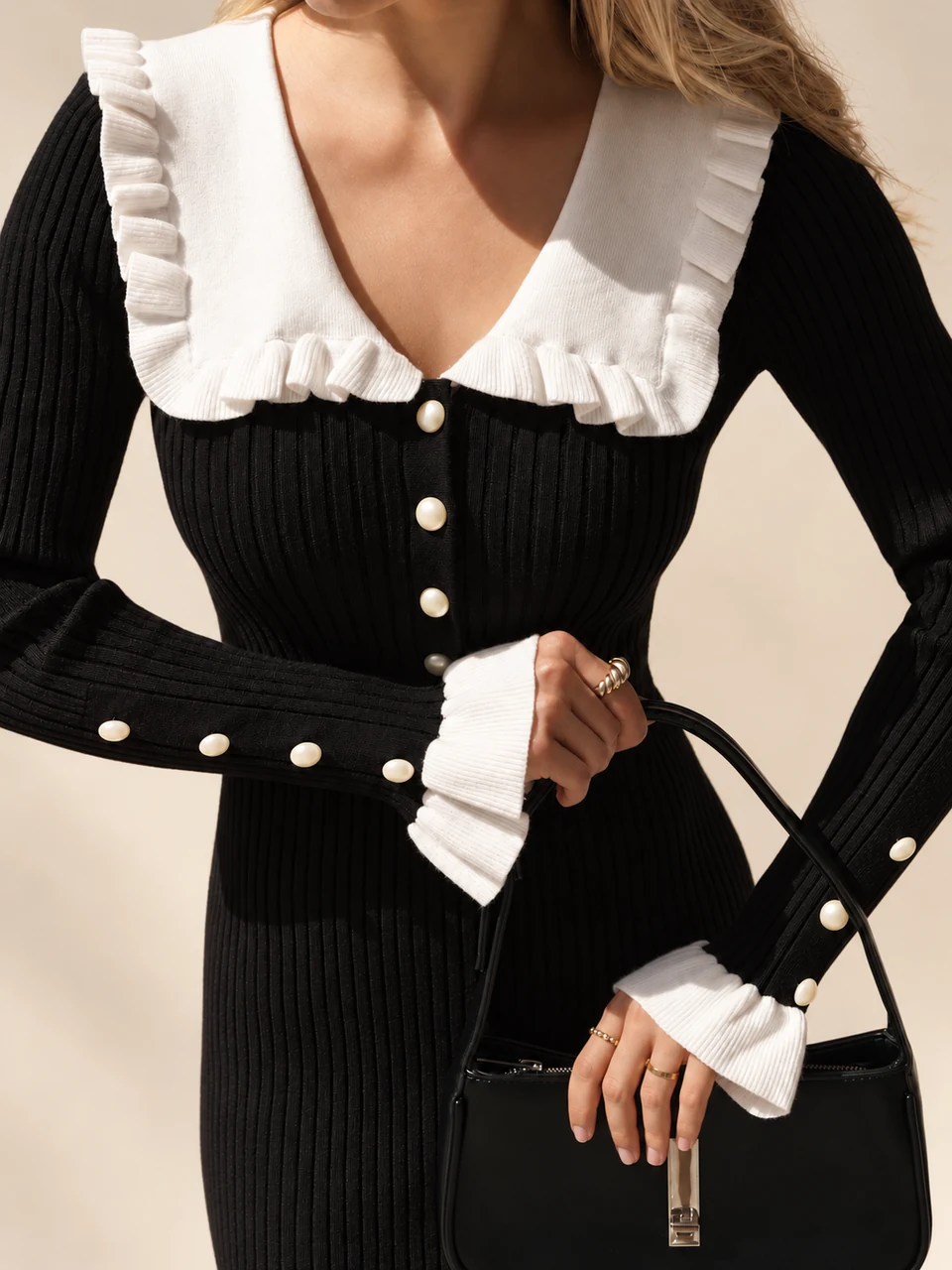 Isabelle Ruffled Knit Dress — Black — cuff bodice detail