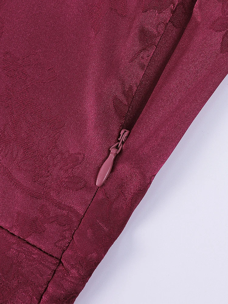 Colette Jacquard Maxi Dress — Wine Red — zipper jacquard detail