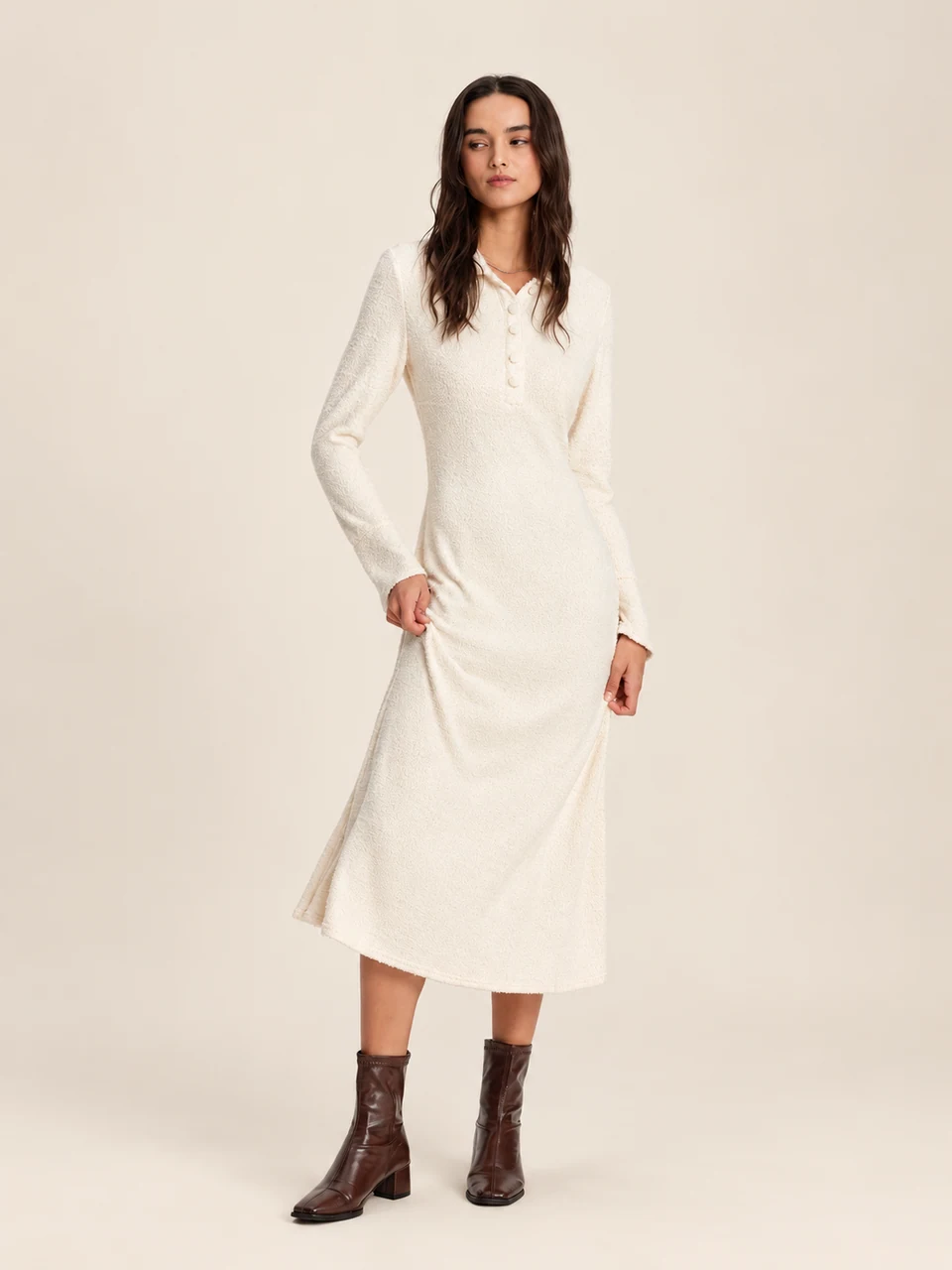 Adeline Bell-Sleeve Midi Dress — Apricot — product photograph
