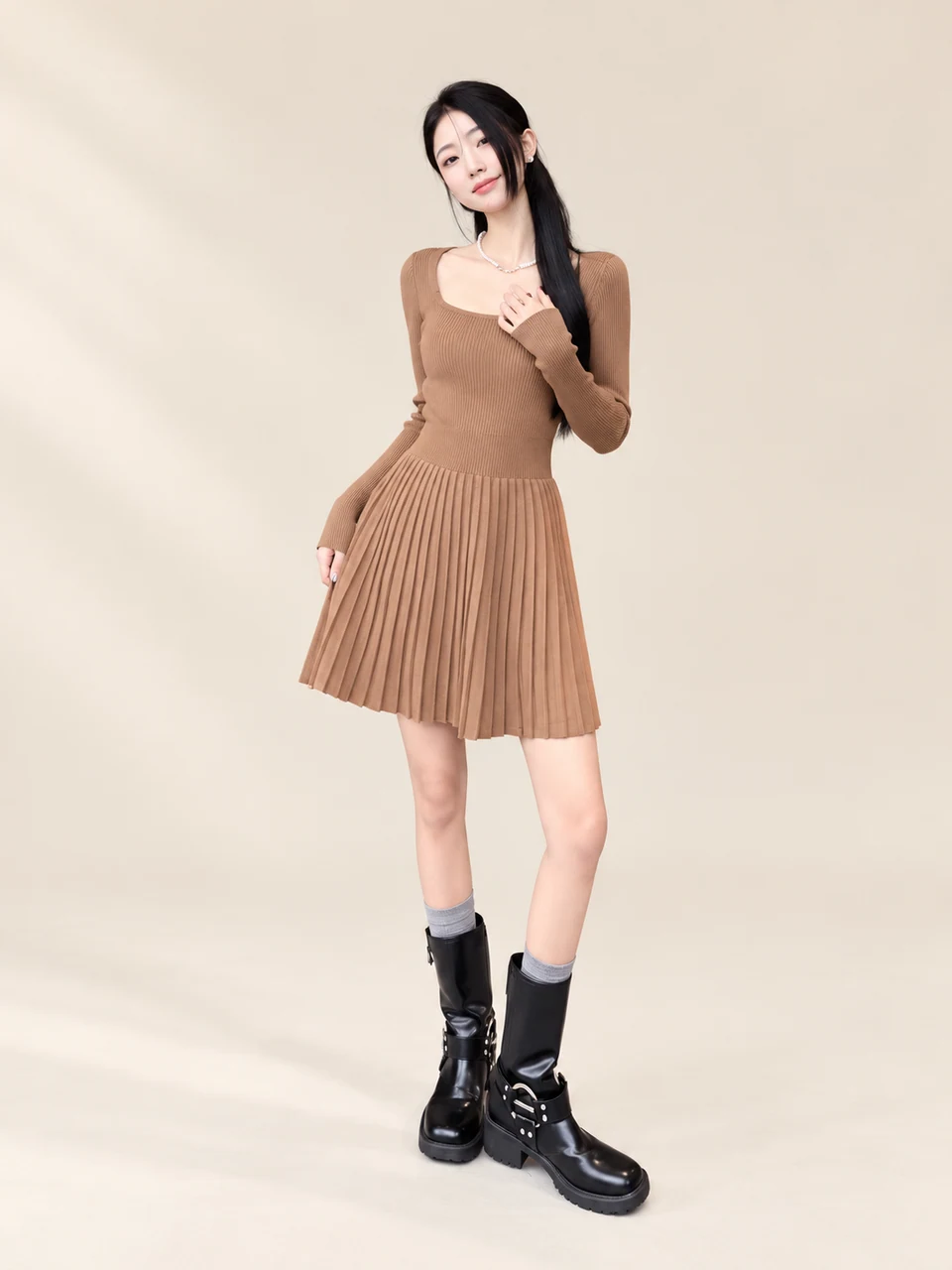 Elise Knit Mini Dress — Brown — product photograph