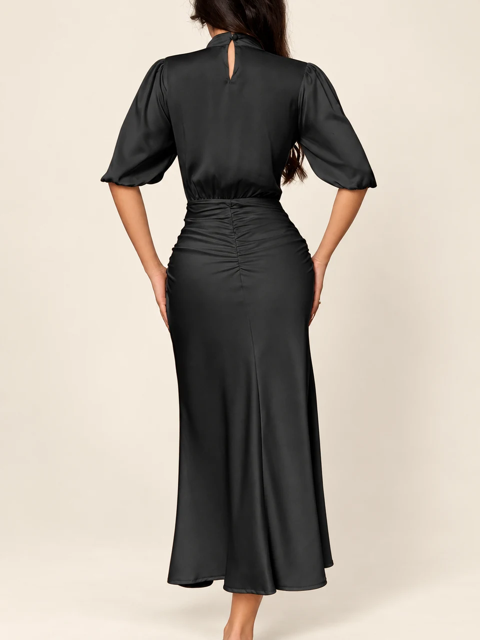 Celine Ruched Midi Dress — Black — back
