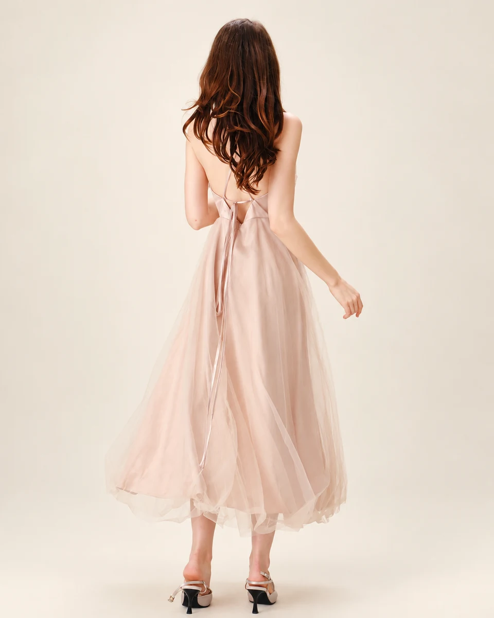 Adeline Pleated Midi Dress — Apricot — back