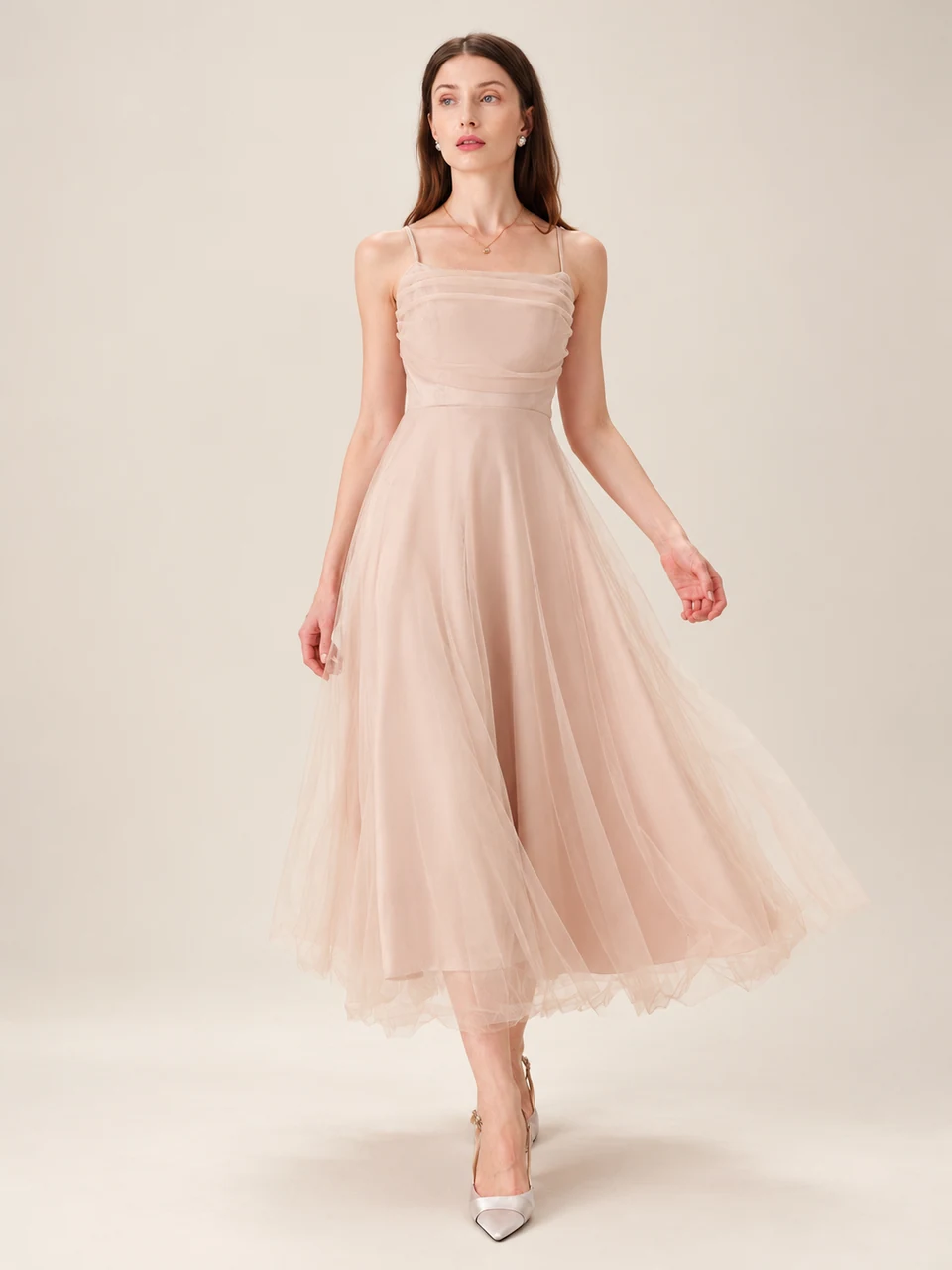 Adeline Pleated Midi Dress — Apricot — product photograph