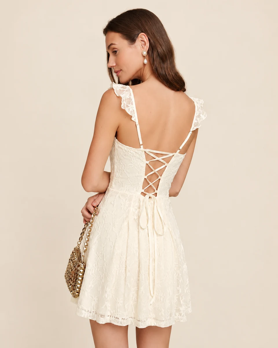 Celine Floral Lace Mini Dress — Apricot — back