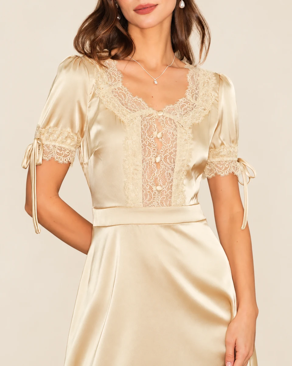 Amelie Lace Satin Mini Dress — Apricot — detail