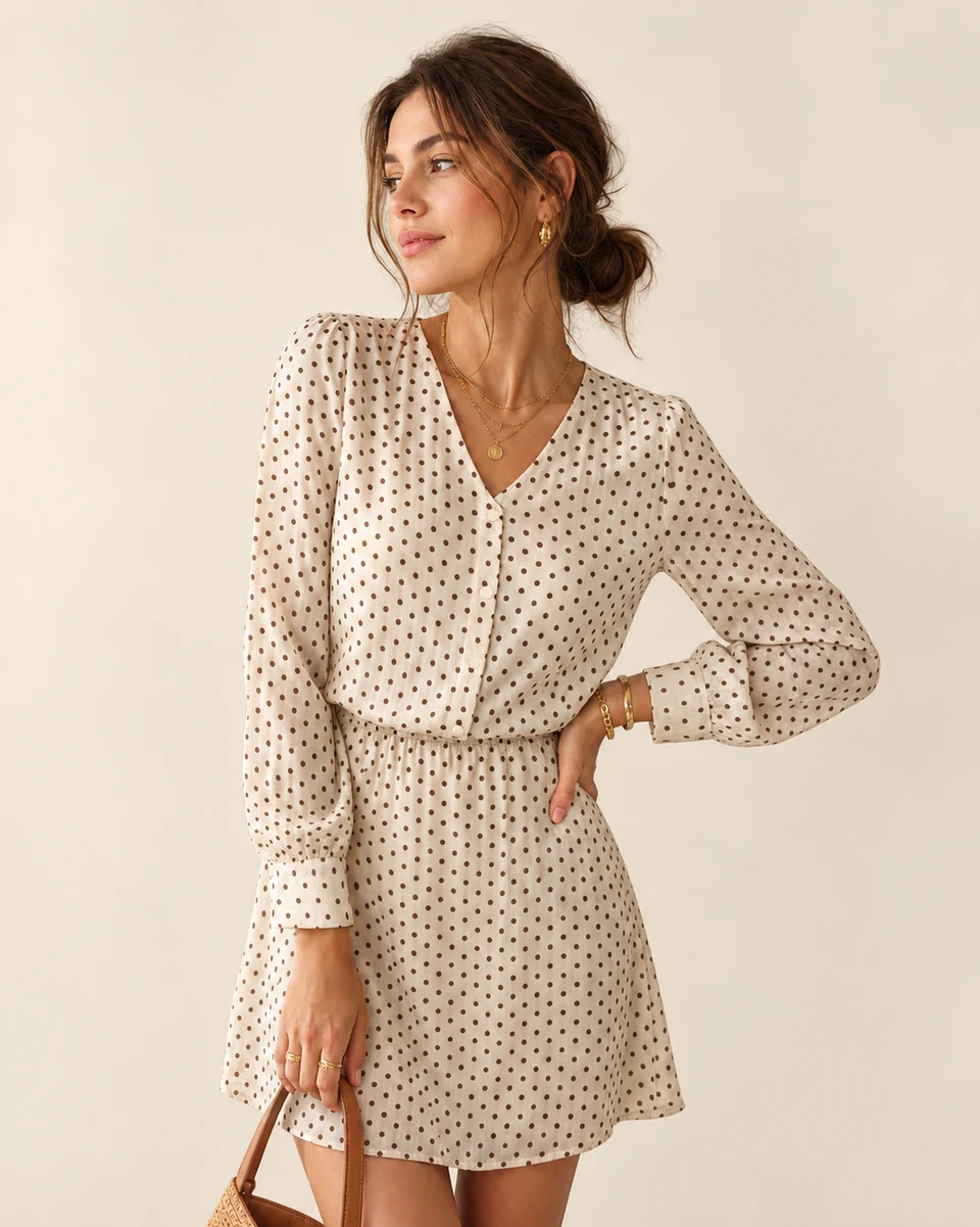 Isabelle Polka-Dot Mini Dress — Apricot — worn alternate
